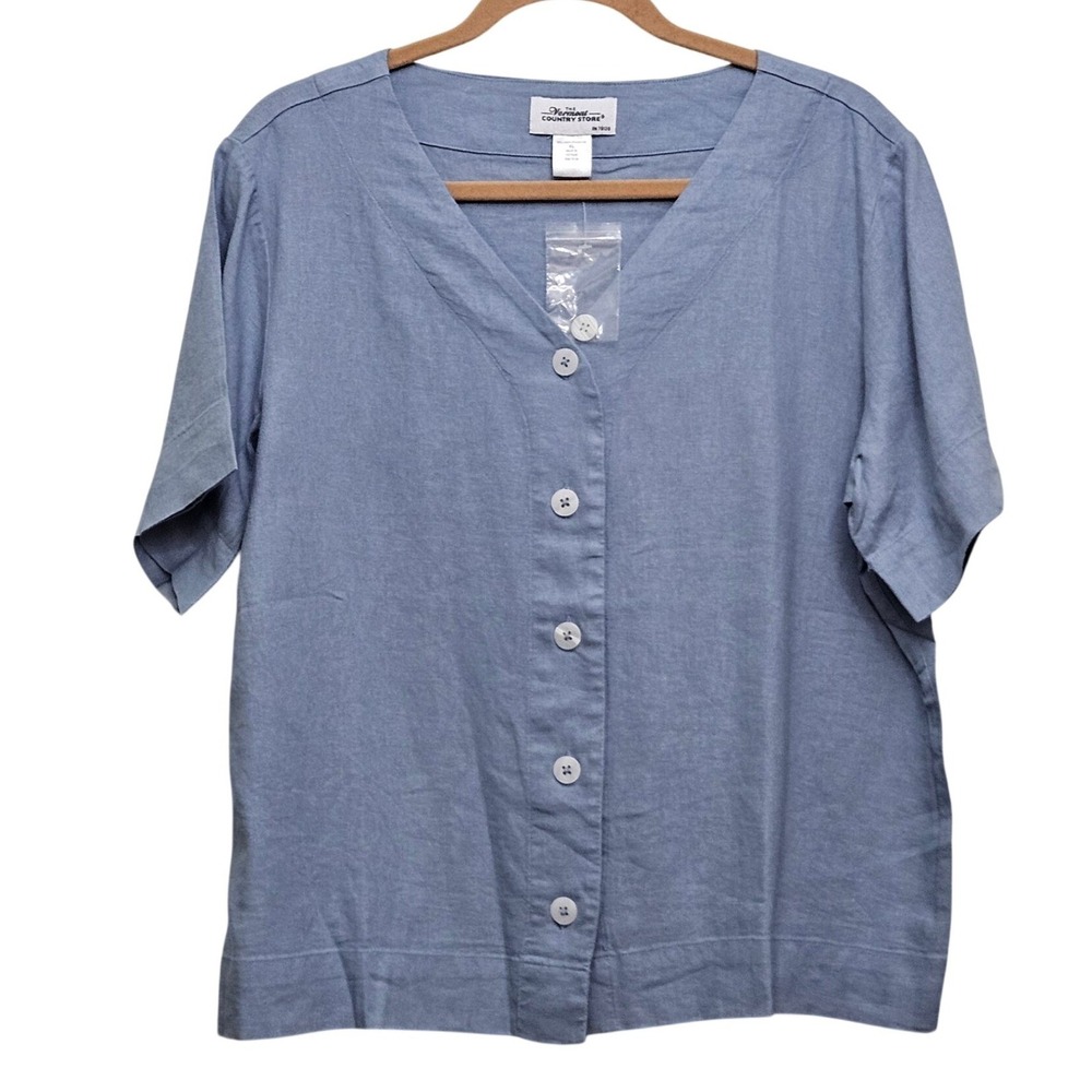 Vermont Country Store Button Down Top Womens XL Blue Linen Blend V-Neck Blouse
